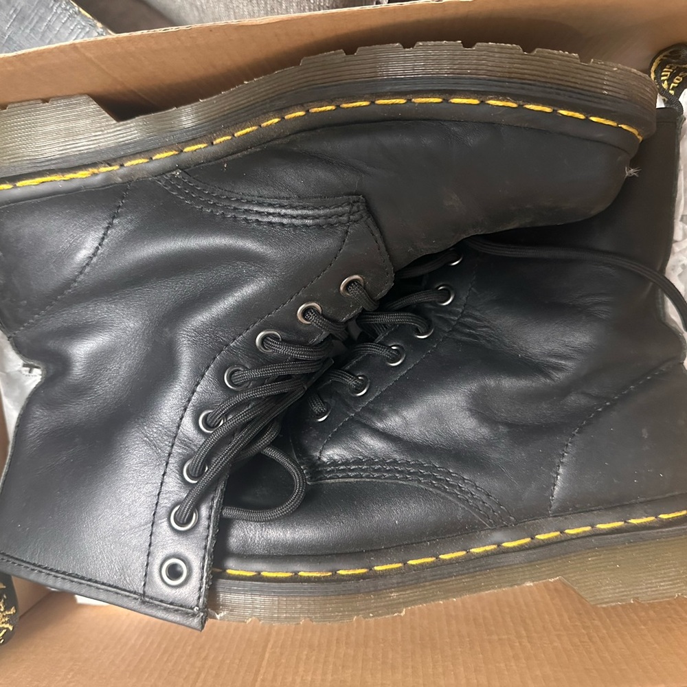 Dr. Martens Black Leather Boots with Yellow Stitching